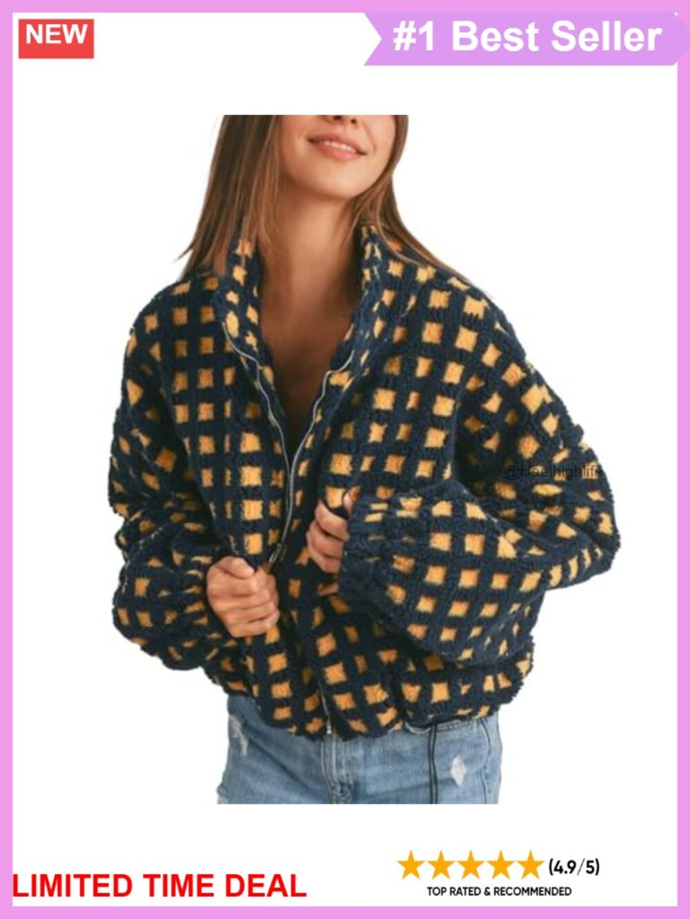 Cropped Sherpa Fleece Plaid Jacket Zip Up Gingham Casual Coat